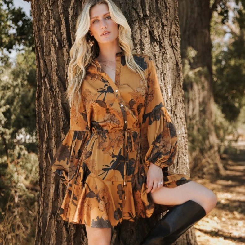 Baltic Born Mustard Floral Long Sleeve Dress Venice Dress Nwt